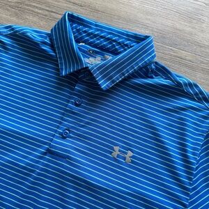 Under Armour Mens Large Blue Striped Polo Casual Loose HeatGear Golf EUC